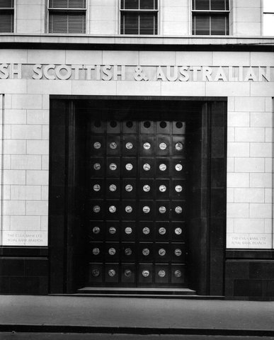Entrance doors, Royal Bank Branch, English, Scottish & Australian Bank, 303 Collins Street, at Elizabeth Street, Melbourne, 1941