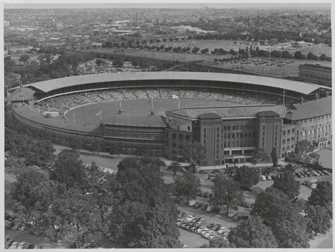 Aerial view of the Melbourne Cricket Ground during the Third Test Match of 1946-47 series, 1947