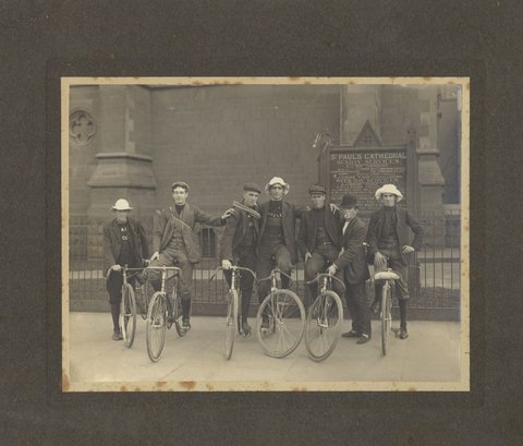 Cyclists outside St. Paul's Cathedral, Melb., E. Smith 3rd from right, 1906