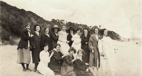 Group of women on Black Rock beach, 1920–30