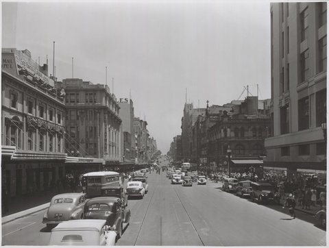View along Bourke Street, Melbourne, Victoria, 1946–54