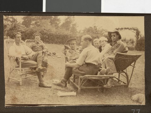 [Soldiers and nurse relaxing in cane chairs, croquet mallets on lawn behind them, Hethersett Private Repatriation Hospital, Burwood, Vic.], 1914–20