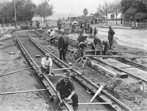Tramway construction at an intersection, possibly corner of Bridge Road and Church Street, Hawthorn, 1925