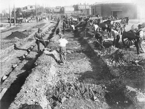 Electric tramway construction, possibly at southern end of Sturt Street, South Melbourne, c. 1925