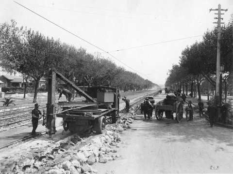 Work in St. Kilda Road, Melbourne, possibly digging up old cable tramway, c. 1925