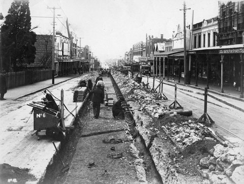 Electric tramway construction in Bridge Road, looking east from near Lennox Street, Richmond, c. 1925