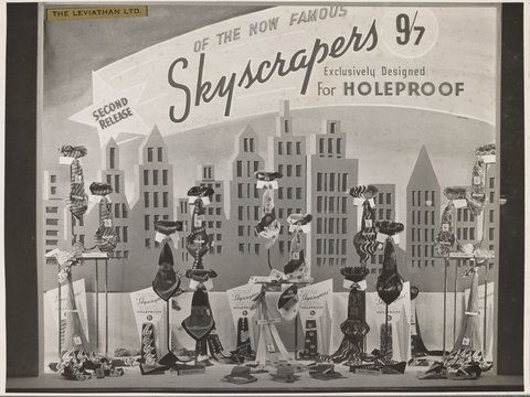 Display of 'Skyscrapers' ties made for Holeproof, in the window of The Leviathan Store, Bourke Street, Melbourne, 1939–47