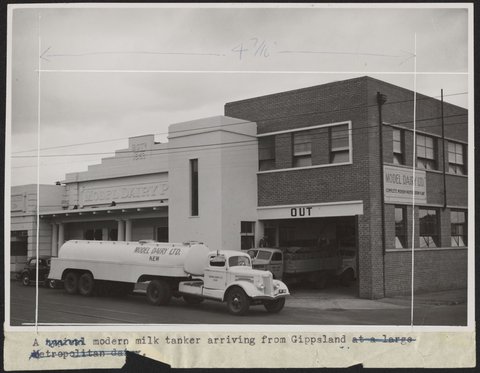 Modern milk truck arriving from Gippsland at Model Dairy Ltd., Kew, Victoria, 1950–60