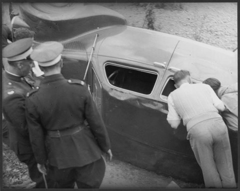 Lancia on its side, Greensborough Hill Climb, 1945