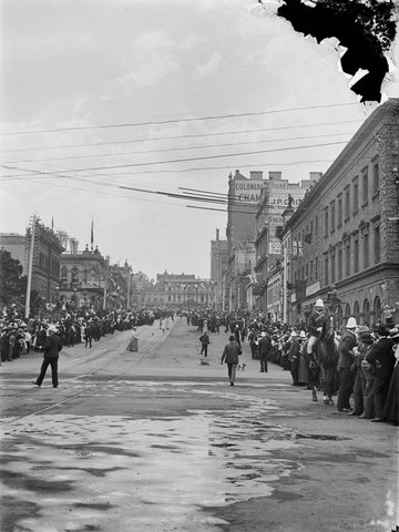 Market Street, Melbourne, 1900, possibly during the Boer War's Relief of Mafeking celebrations, c. 1900