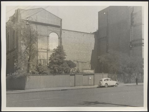 View of the Lending Library from Russell Street prior to removal of fences and trees, 1939