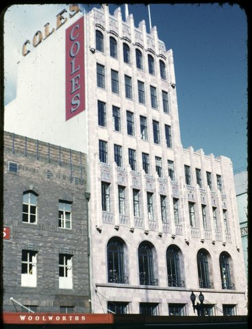 Coles and Woolworths buildings, Bourke Street, Melbourne, 1952
