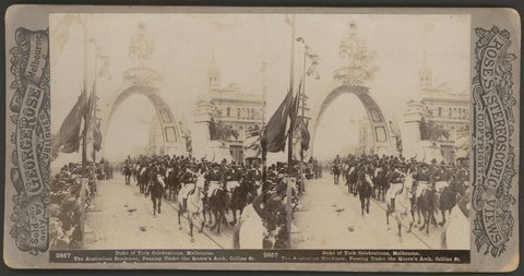Duke of York Celebrations, Melbourne - The Australian stockmen passing under the Queen's Arch, Collins St, c. 1901