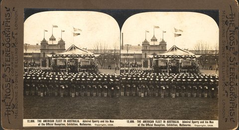 THE AMERICAN FLEET IN AUSTRALIA. Admiral Sperry and his Men at the Official Reception, Exhibition, Melbourne, c. 1908