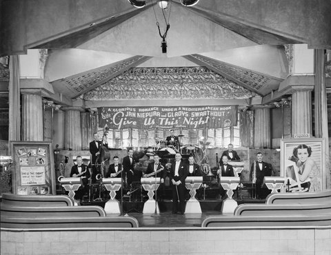 Harold Moschetti and his orchestra on stage, Palais de Danse, St. Kilda, 1936