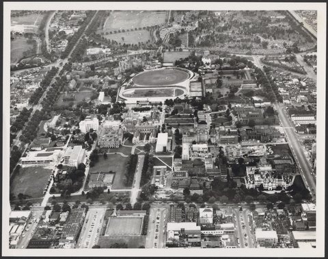 Aerial view of Melbourne University, Victoria, 1950?