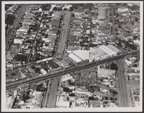 Aerial view of Mt Alexander Road, Ascot Vale, during Royal Visit, 1954
