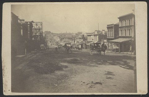 [View of Bourke Street West, Melbourne, looking east from Queen Street], 1869