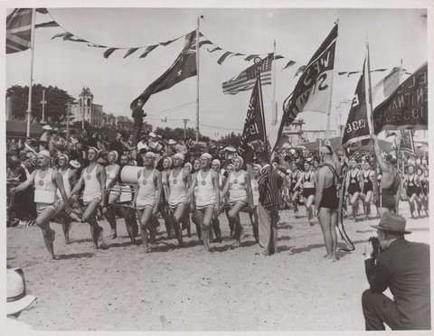 Life saving display on St. Kilda Beach, 1930s