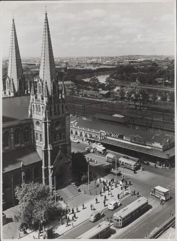 Elevated view looking south east across Flinders Street, Melbourne, Victoria, 1946–54