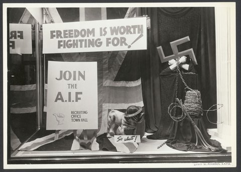 AIF recruitment window display at Georges, Collins Street, Melbourne, 1940–45