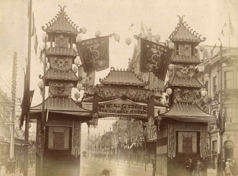 Chinese Citizens Arch in Melbourne street for Royal Visit, c. 1901