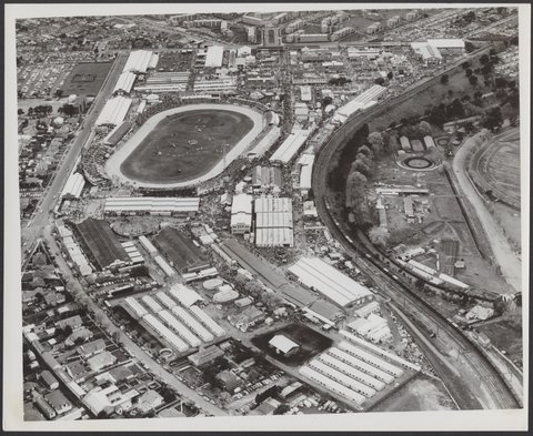 Aerial view of the Melbourne Showgrounds, Victoria, 1954?