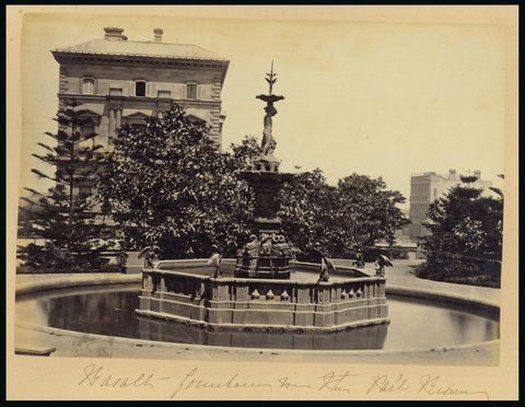 Basalt fountain in the Parliament Reserve, [Melbourne, Vic.], c. 1880