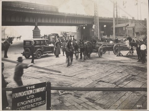 Work at intersection of Flinders and Spencer Streets, Melbourne, for construction of electric tramway, c. 1925
