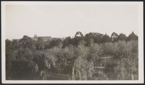 A view from park showing Pentridge Stockade, Coburg, Melbourne, 1941