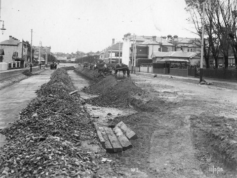 Preparation of roadway for electric tram route construction, possibly in South Melbourne, 1925