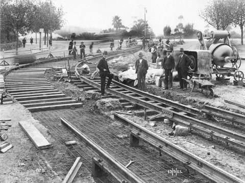 Tramway construction at an intersection, possibly corner of Bridge Road and Church Street, Hawthorn, 1925