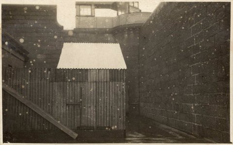 Back of corrugated iron shed, possibly toilet or shower, believed to be in Pentridge Prison, Coburg, c. 1919