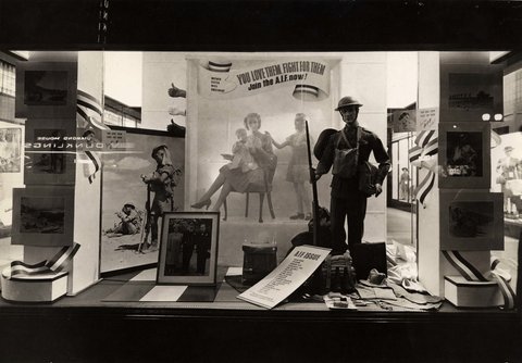 AIF recruitment window display in, possibly, Buckley and Nunn's store, Bourke Street, Melbourne, 1940–45