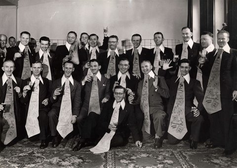 Male employees at the Holeproof Necktie party, Hotel Australia, Melbourne, 1947–50