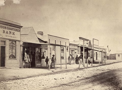 Majorca, showing London Chartered Bank of Australia, butcher's shop, Melbourne Boot and Shoe store and bakery, c. 1866