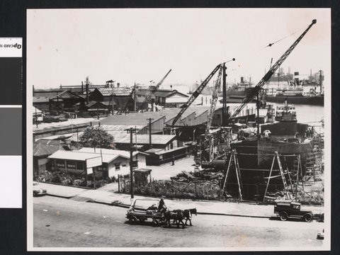 Ports & Harbour dredge Pioneer under construction at Johnson's Tyne Foundry, South Melbourne, [Vic.], c. 1948