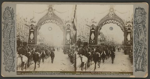 Duke of York Celebrations, Melbourne - The Australian stockmen passing under the Duke's Arch, Bourke St, c. 1901