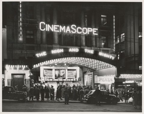 Hoyts Plaza, Regent Theatre, Collins Street, at night during season of 'The High and the Mighty', 1954