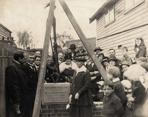 Mrs. R.J.Mackenzie laying the foundation stone of a Sunday School, possibly in Kensington, 1913