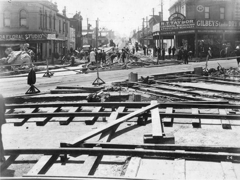 Construction of new electric tramway at St. Kilda Junction, c. 1925