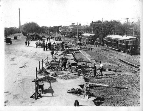 Electric tramway construction in St. Kilda Road, c. 1925