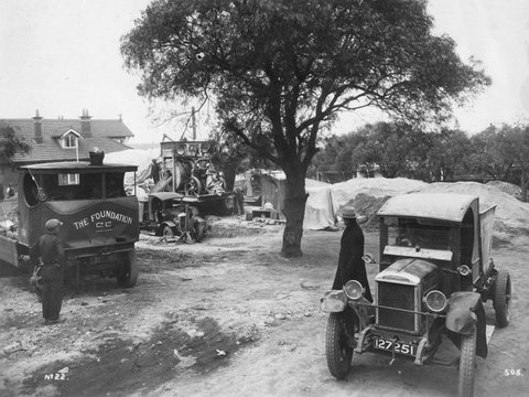 Camp or depot for construction of electric tramway, possibly in vicinity of St. Kilda Road, c. 1925