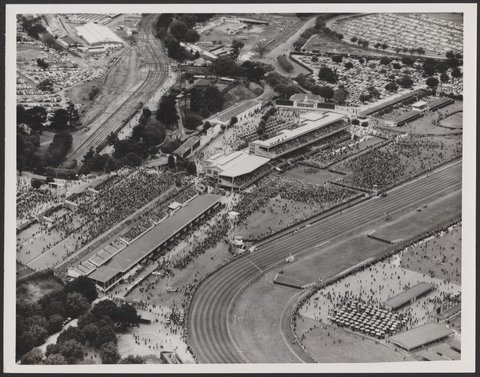 Aerial view of Flemington Racecourse, Victoria, 1954