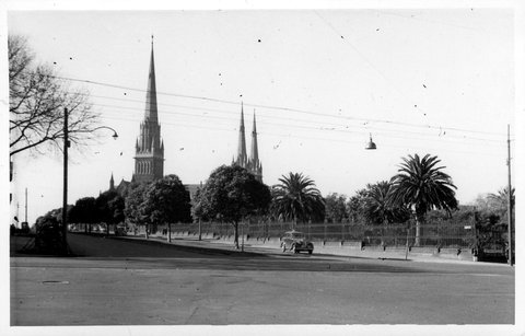 St. Patrick's Cathedral, from the intersection of Nicholson and Albert Streets, East Melbourne, 1936–40