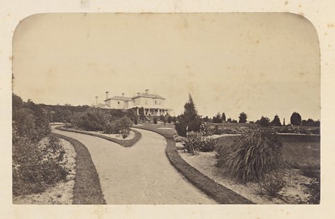 Looking along garden path towards double storey house, Millicent Mansion, Toorak, 1890–1900