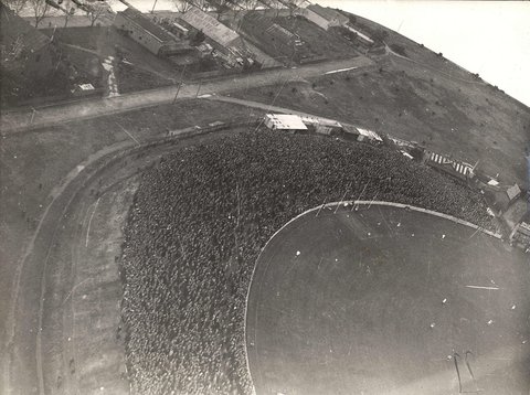 Aerial view of part of the South Melbourne Cricket Ground, with football match in progress, 1920–40