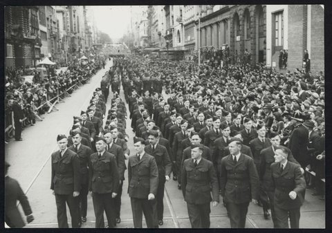 Men of the R.A.A.F. marching through Melbourne ... to aid Lord Mayor's Prisoner of War Appeal, 1942