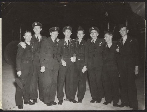 The Australian crew of the first Lancaster Bomber to fly to Australia ... when they arrived in Melbourne, 1943