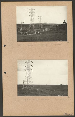 132 KV railway crossing, Ringwood ; 132 KV tower no. 500 (?), Moonee Ponds, 1923–46